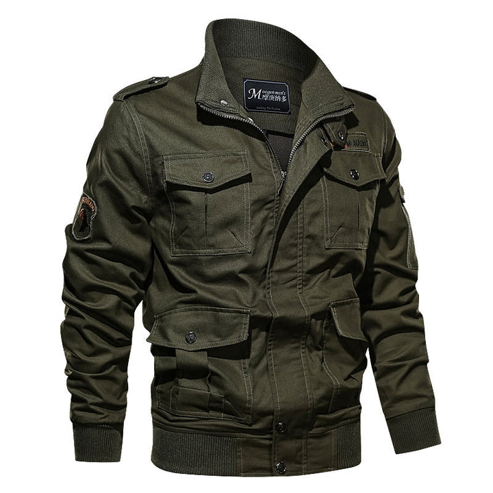 Herr Military-Inspired Canvas Fältjacka med Epaulettes, Flera Fickor och Ribbad Fåll