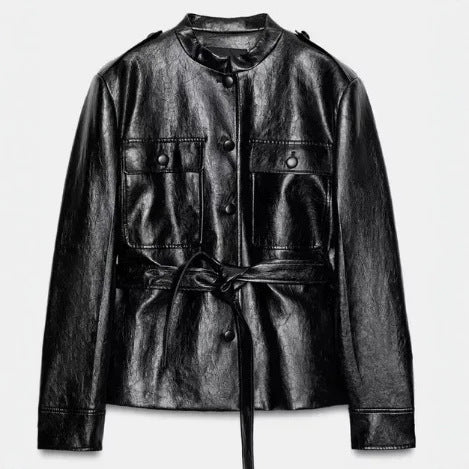 Dam Tailored Suede Jacka i Military Look med Stå Krage, Lock Fickor och Dold Knapp Knäppning
