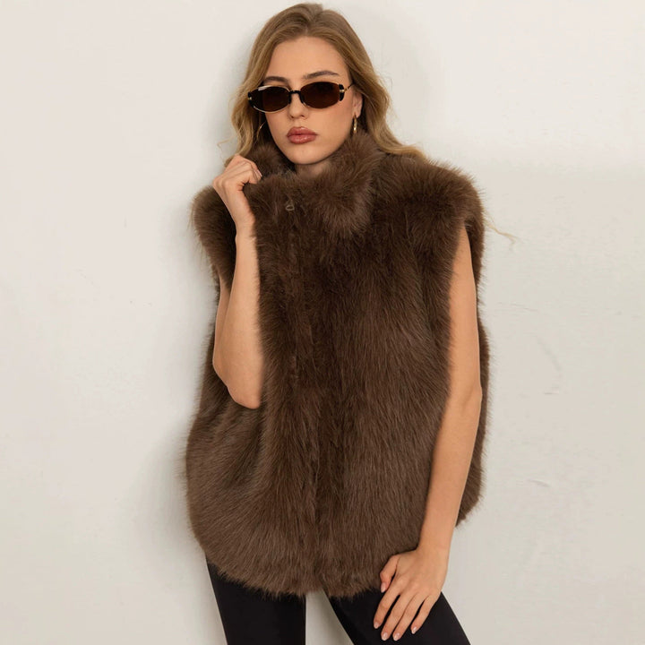 Dam Fluffy Faux Fur väst med Voluminous sjalkrage och dragkedja