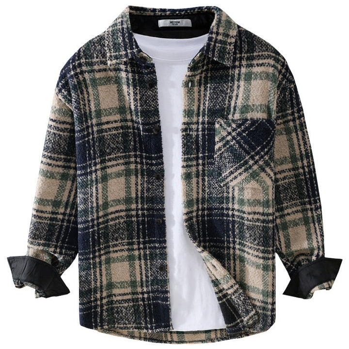 Herr Rutig Overshirt Tillverkad av Teddy Fleece med A Stitched Bröstficka och Dold Knappslå