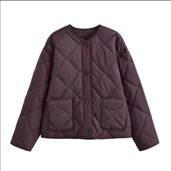 Dam 10+ Vadderad Quiltad Boxig Kort Jacka med Round Neckline, Knapp Knäppning och Patch Fickor