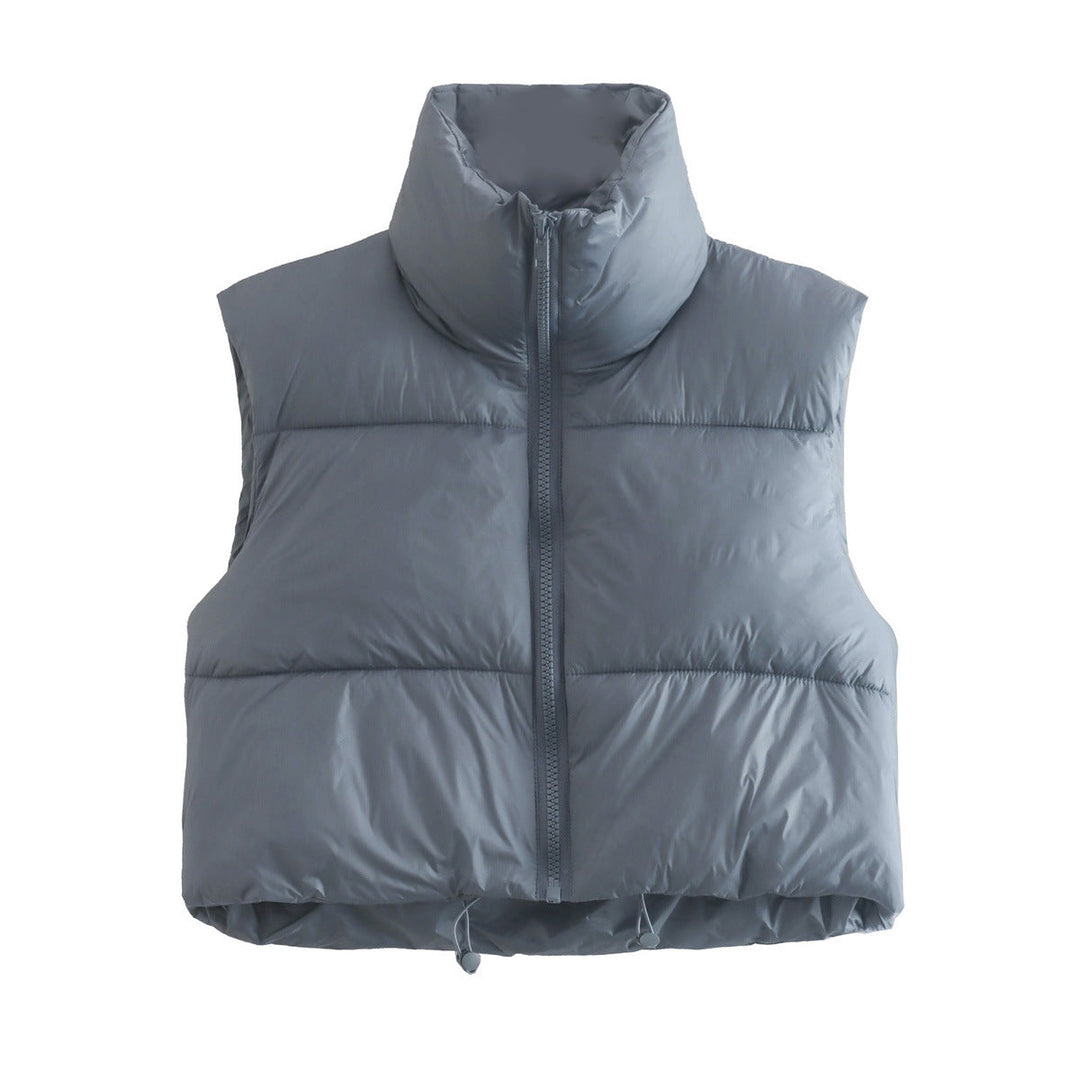 Dam Kort Quiltad Väst med Hög Stå Krage, Lätt Puffer Look och Justerbar Nederkant