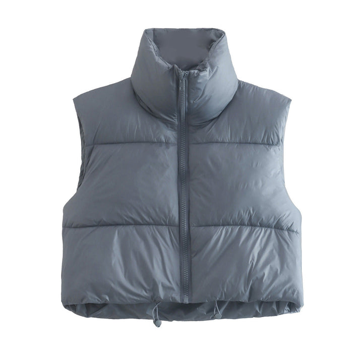 Dam Kort Quiltad Väst med Hög Stå Krage, Lätt Puffer Look och Justerbar Nederkant