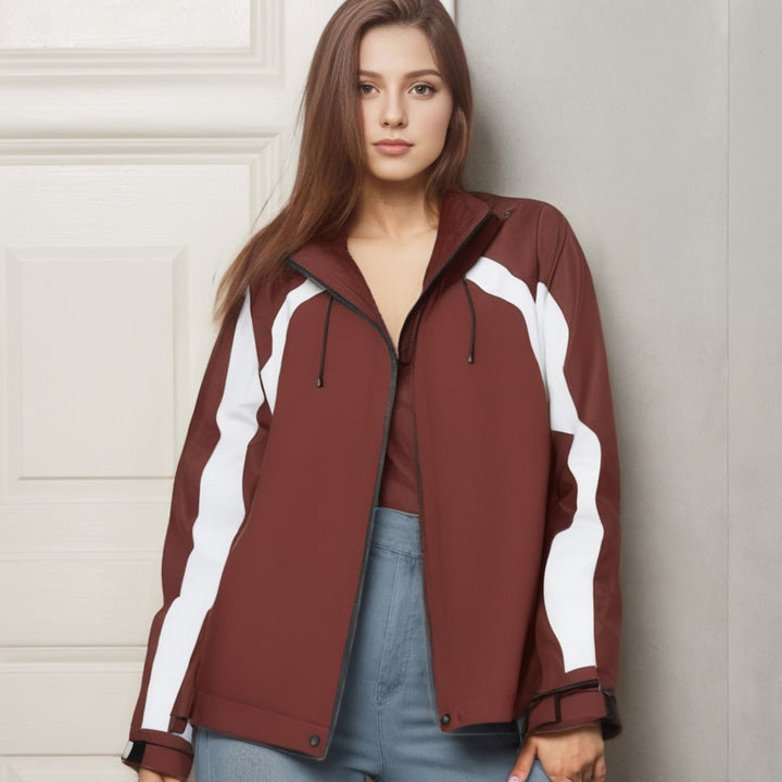 Dam lätt med huva Rain jacka med kontrast Stripes och Mesh foder