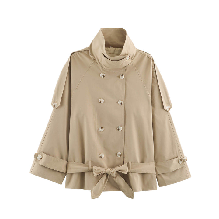 Dam 10+ Kort Double-Breasted Cape Trench med Funnel Krage och Tie Belt
