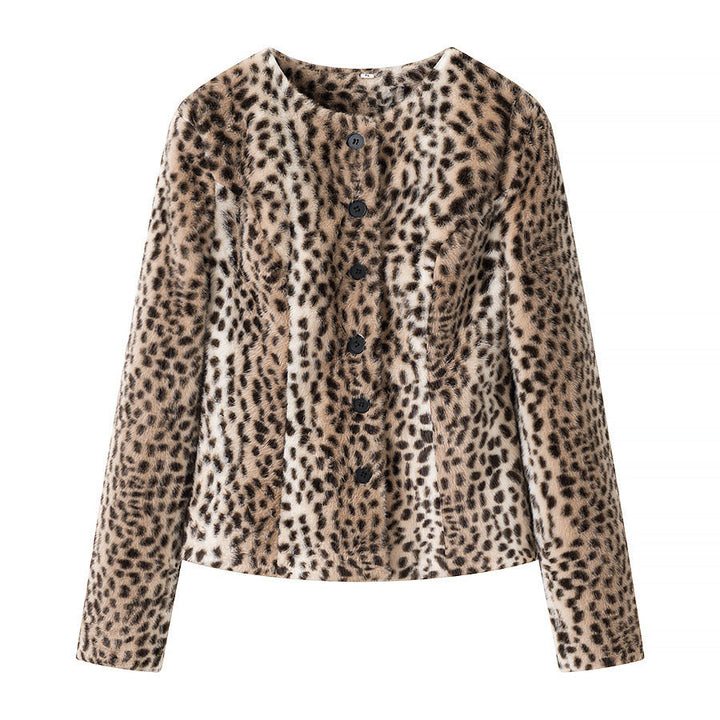 Dam Kort Jacka Tillverkad av Faux Fur med Leopard Mönster och Round Neckline
