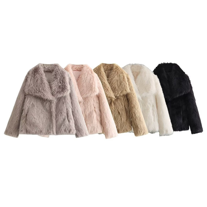 Dam kort Boxy Faux Fur jacka med vid Shawl krage och lång Fiber Faux Fur