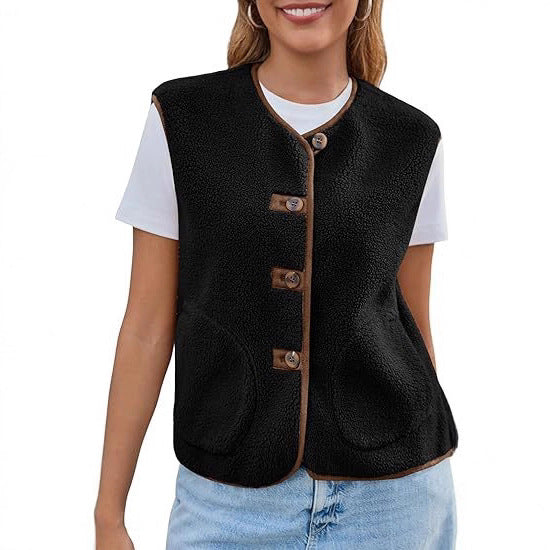 Dam teddy fleece väst med Round Neckline och knapp stängning