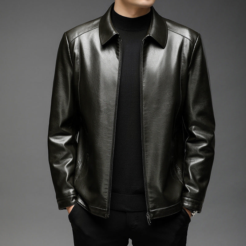 Herr Slät Konstläder Zip Jacka i Skjorta Krage Stil med Minimalistisk Söm Design