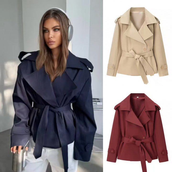 Dam 50+ Kort Waist Trench Blazer med Belt och Wide Lapels