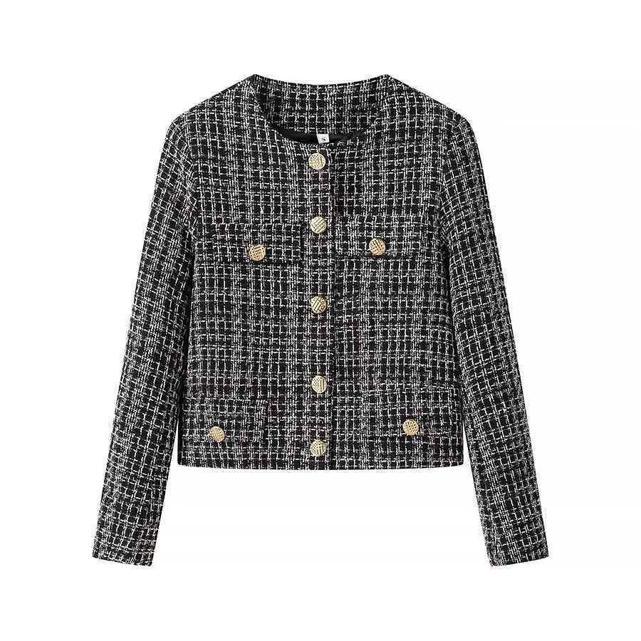 Dam kort-skärning bouclé jacka i boxy skärning med gold button detail och påsydda fickor