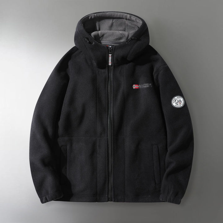 Herr Microfleece Utomhus Jacka med Huva, Wind-Resistant Structure och Logo Patch