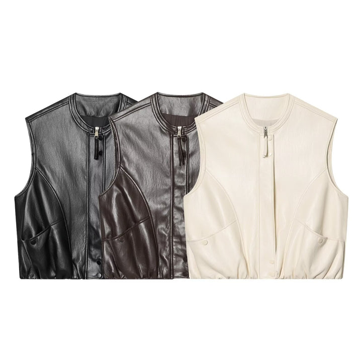 Dam Sleeveless Läder-Look Väst med Stå Krage, Two-Way Dragkedja och Lock Fickor