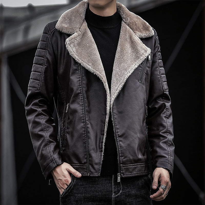 Herr Konstläder Biker Jacka med Teddy Fur Foder och Quiltad Ärm Detalj