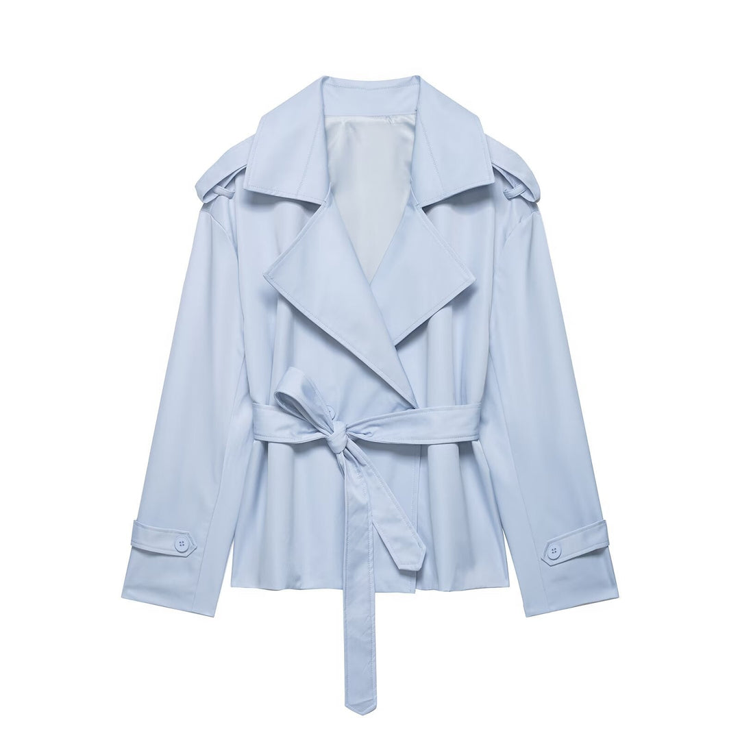 Dam Kort Trenchcoat med Waist Belt, Double-Breasted Front och Shoulder Flaps