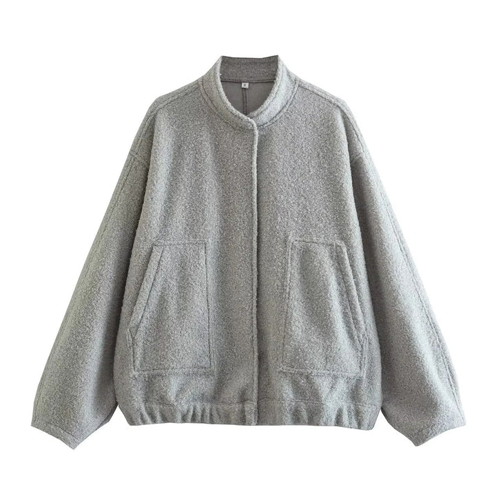 Dam Oversize Fleecejacka med Stå Krage, Patch Front Fickor, och Elastic Nederkant