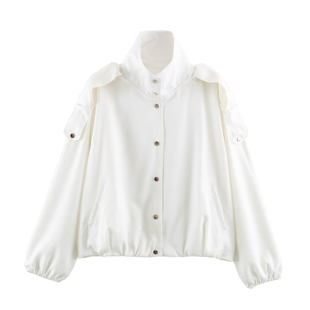 Dam Oversize Blouson Jacka med Hög Stå Krage, Shoulder Patches och Elastic Nederkant