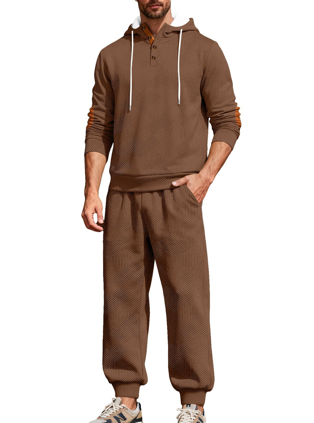 Herr Textured Luvtröja Jogging Set med Henley Knapplist och Contrast Elbow Lappar