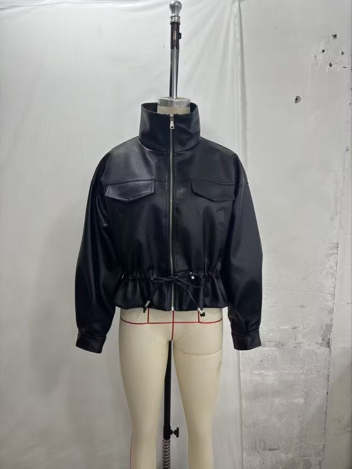 Dam Kort Läder-Look Blouson med Drawstring Waist