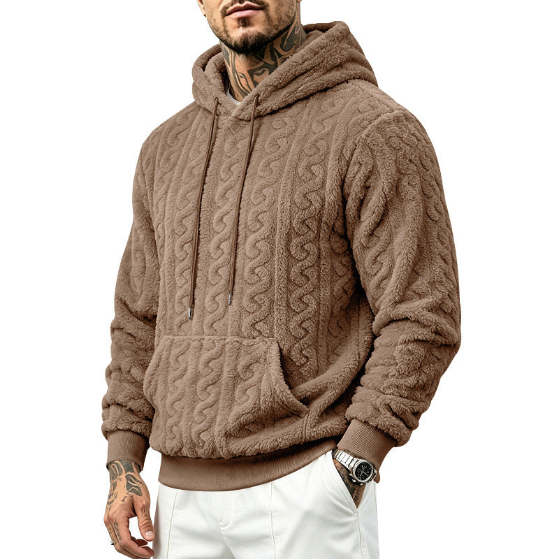 Herr Teddy Fleece Pullover med Cable Mönster, Huva och Känguruficka