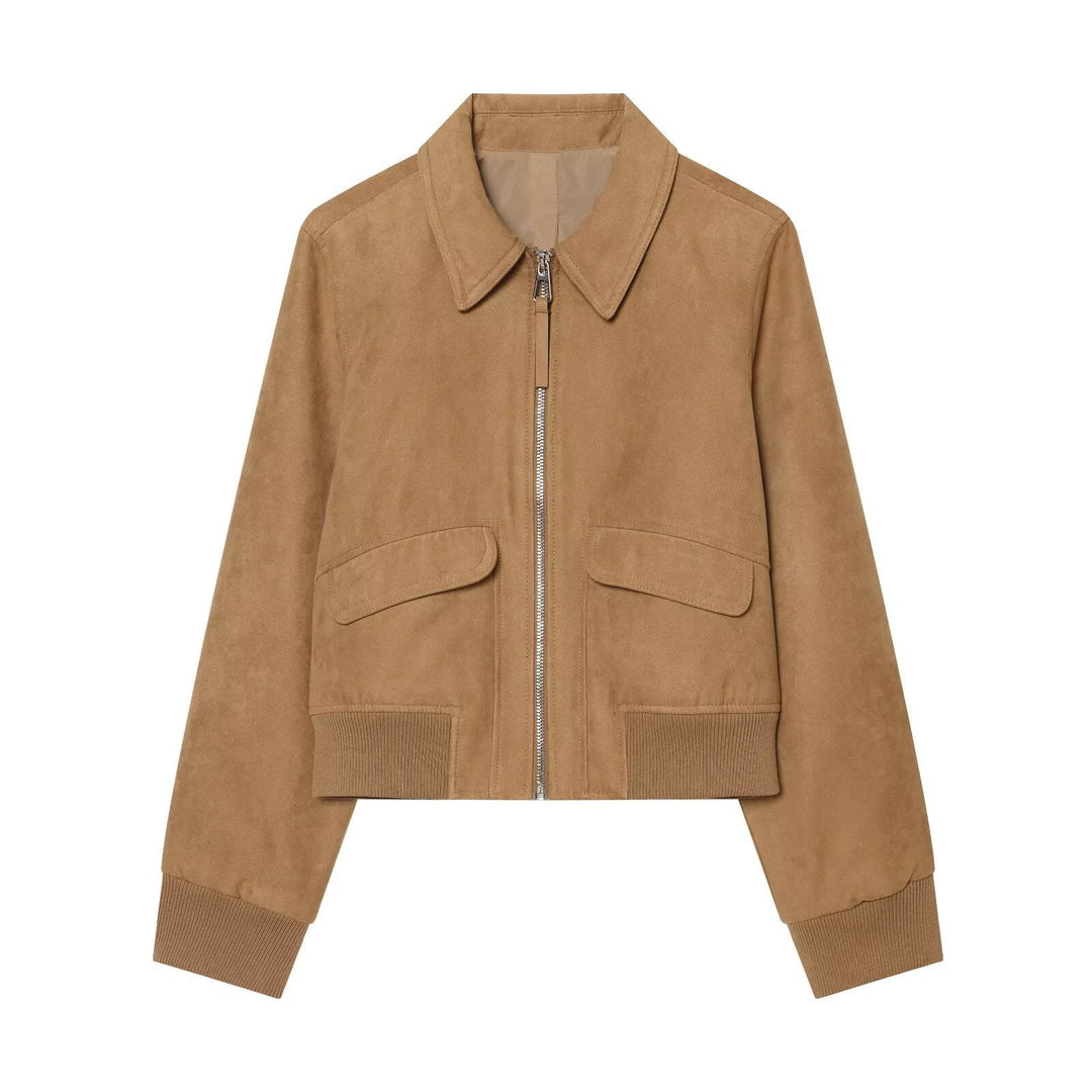 Dam Kort Suede Läder Blouson i Boxig Skärning med Skjort Krage, Lock Fickor och Wide Ribbed Cuff