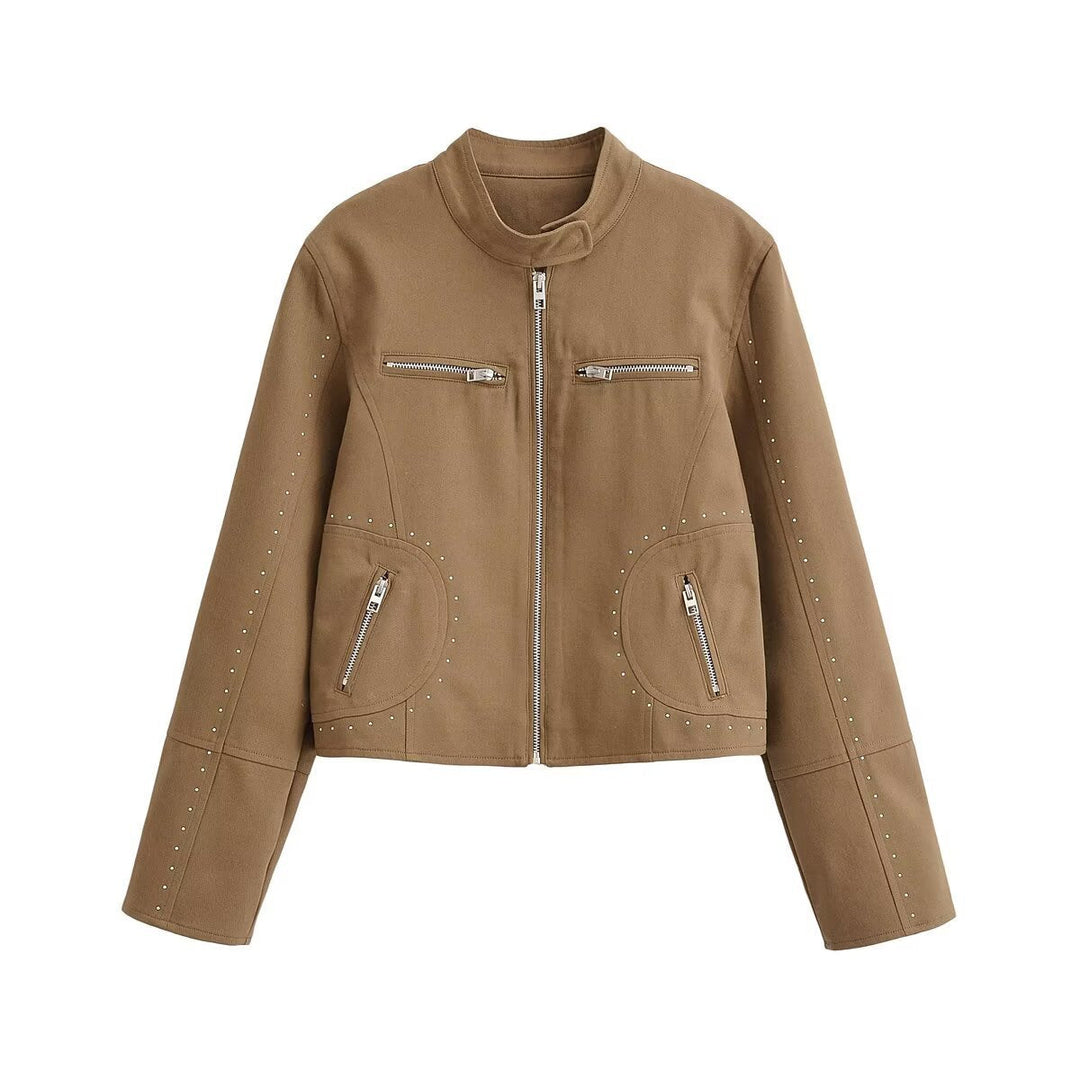 Dam Kort Bikerjacka Tillverkad av Suede Imitation med Studded Accents och Stå Krage