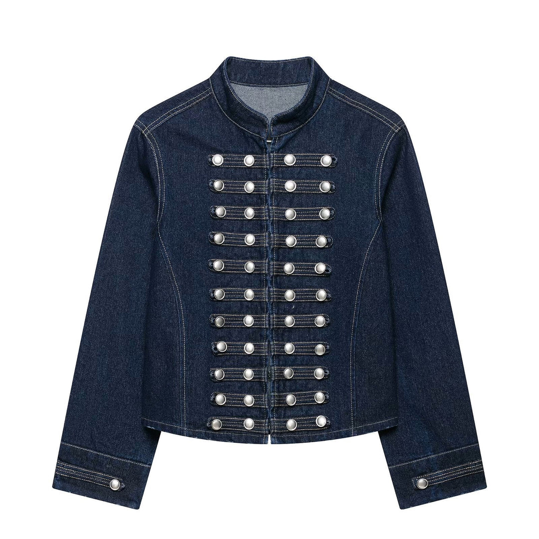 Dam Tailored Denim Blazer Jacka i Military Inspired Marshal Stil med Dekorativ Knapp Knäppning