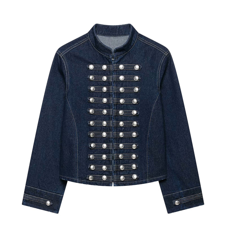 Dam Tailored Denim Blazer Jacka i Military Inspired Marshal Stil med Dekorativ Knapp Knäppning