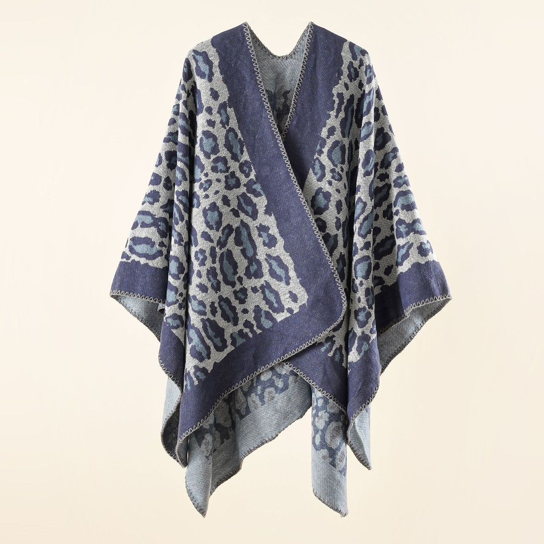 Dam chunky woven jacquard cloak med leopardprint och open kimono silhuett