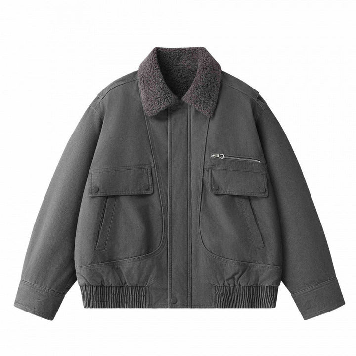 Herr short-cut canvas aviator jacka med Sherpa krage och flerafunction fickor