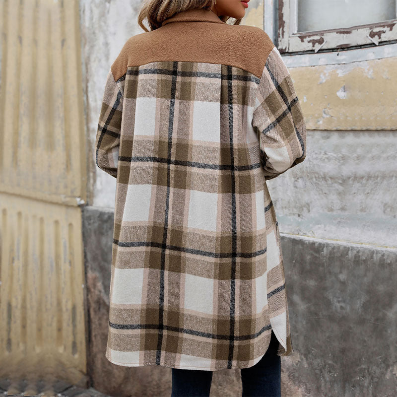 Dam Lång Overshirt Jacka i Rutig Flanell Look med Utanpåfickor