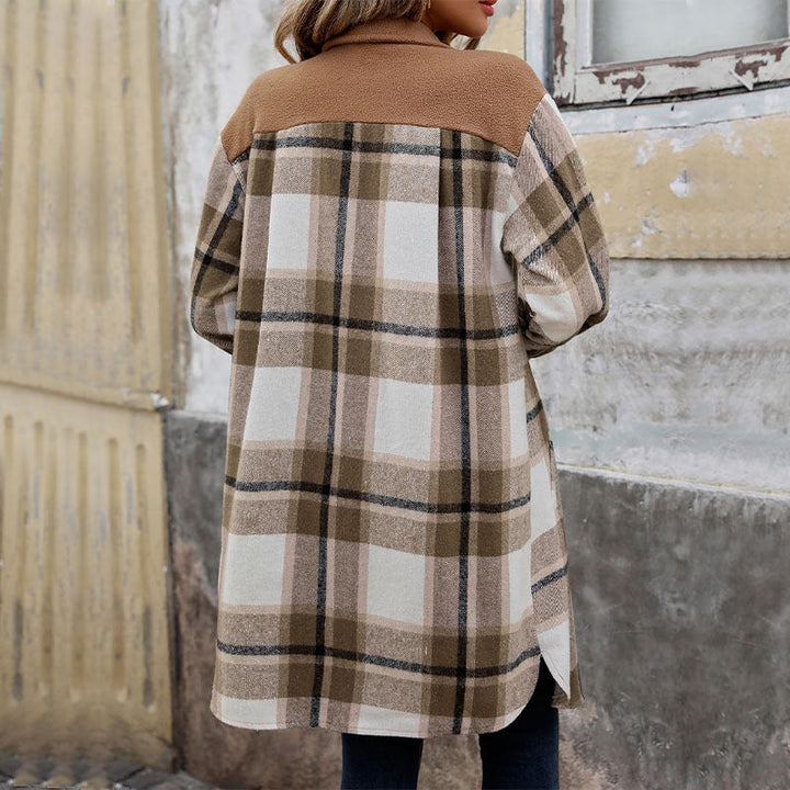 Dam Lång Overshirt Jacka i Rutig Flanell Look med Utanpåfickor