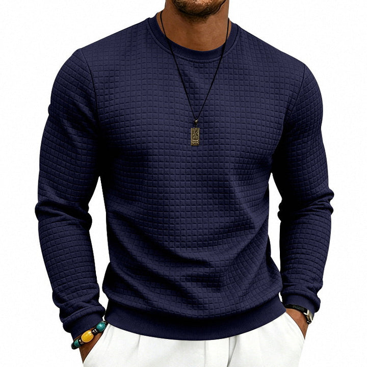 Herr Strukturerad Round Neck College-Tröja med Waffle Texture och Ribbstickade Muddar