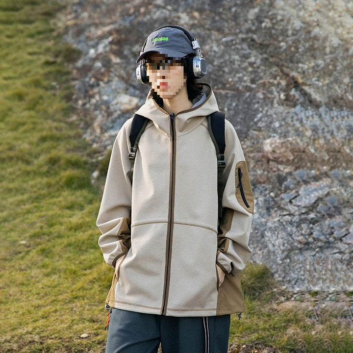 Herr Oversize Frilufts Fleece Jacka med Huva, Ärm Dragkedja Ficka &amp; Dragsko