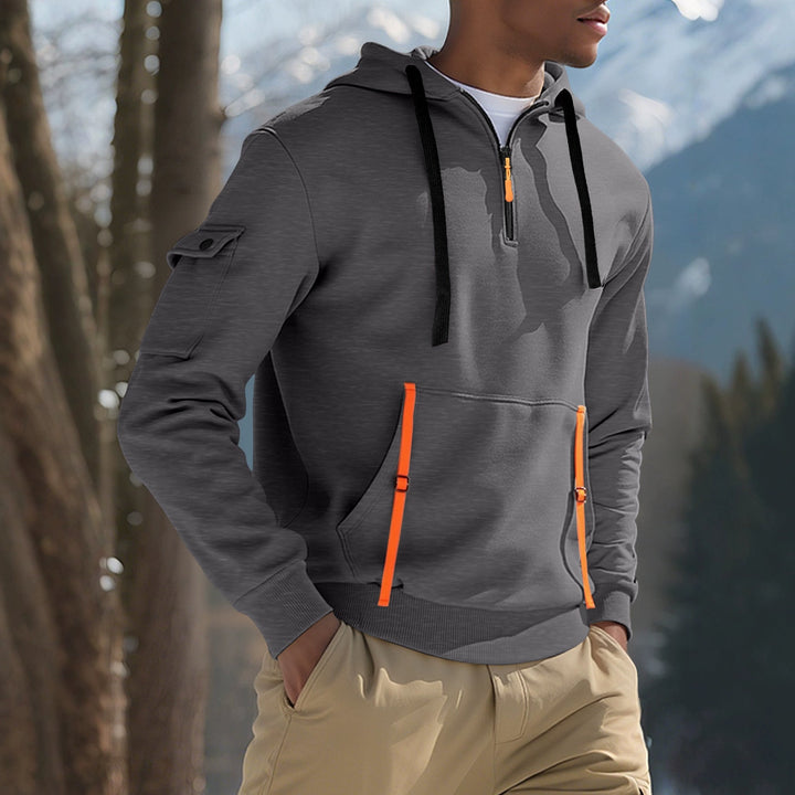 Herr Nano Urban Tech med Huva Halv Dragkedja Pullover med Utility Ärmficka, Känguruficka, och Adjustable Dragkedja Tapes