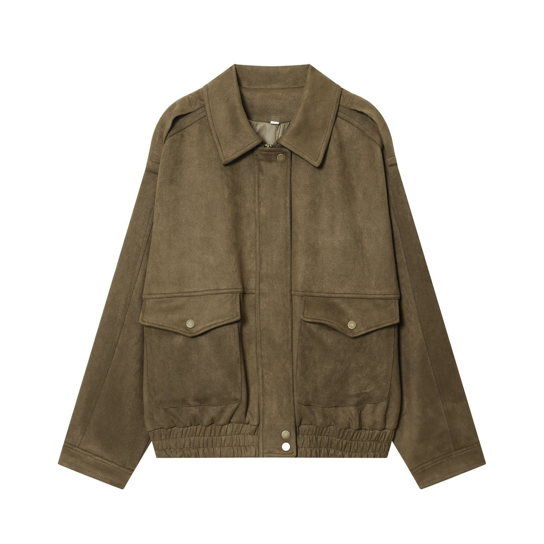 Dam 20+ Kort Suede Look Blouson Jacka med Lock Fickor och Elastic Waist