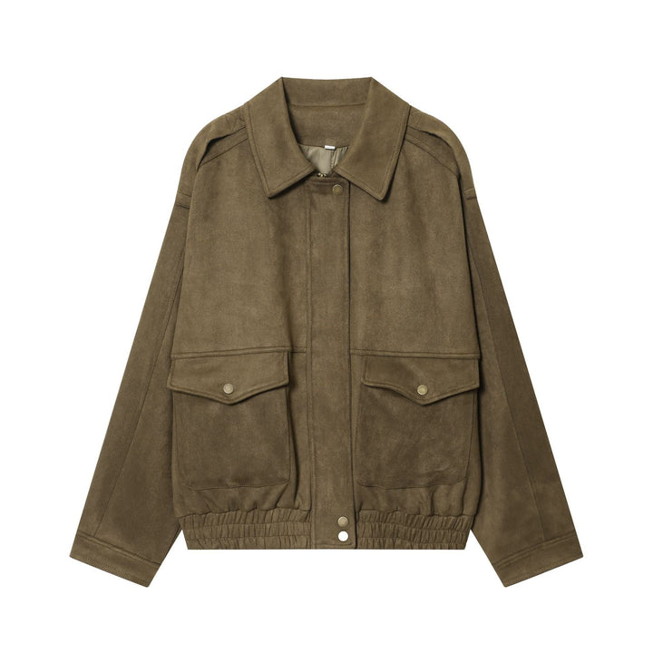Dam 20+ Kort Suede Look Blouson Jacka med Lock Fickor och Elastic Waist