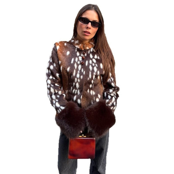 Dam skräddad kort jacka med Leopard tryck och Faux Fur muddar