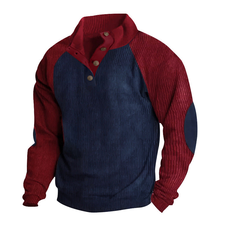 Herr Termisk Cord Pullover med Knapplist, Ståkrage, Raglanärmar, och Elbow Lappar