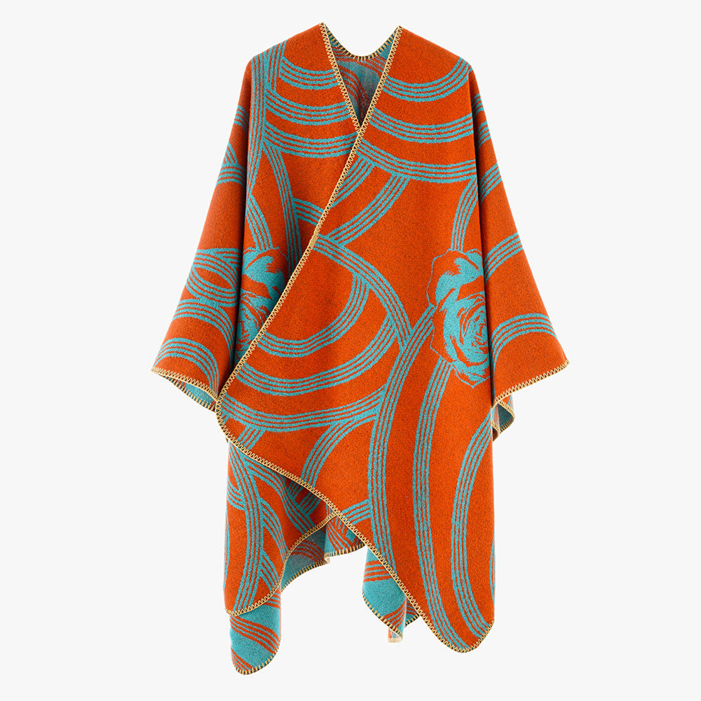Dam Jacquard capeponcho med Rose mönster och oversized Fall