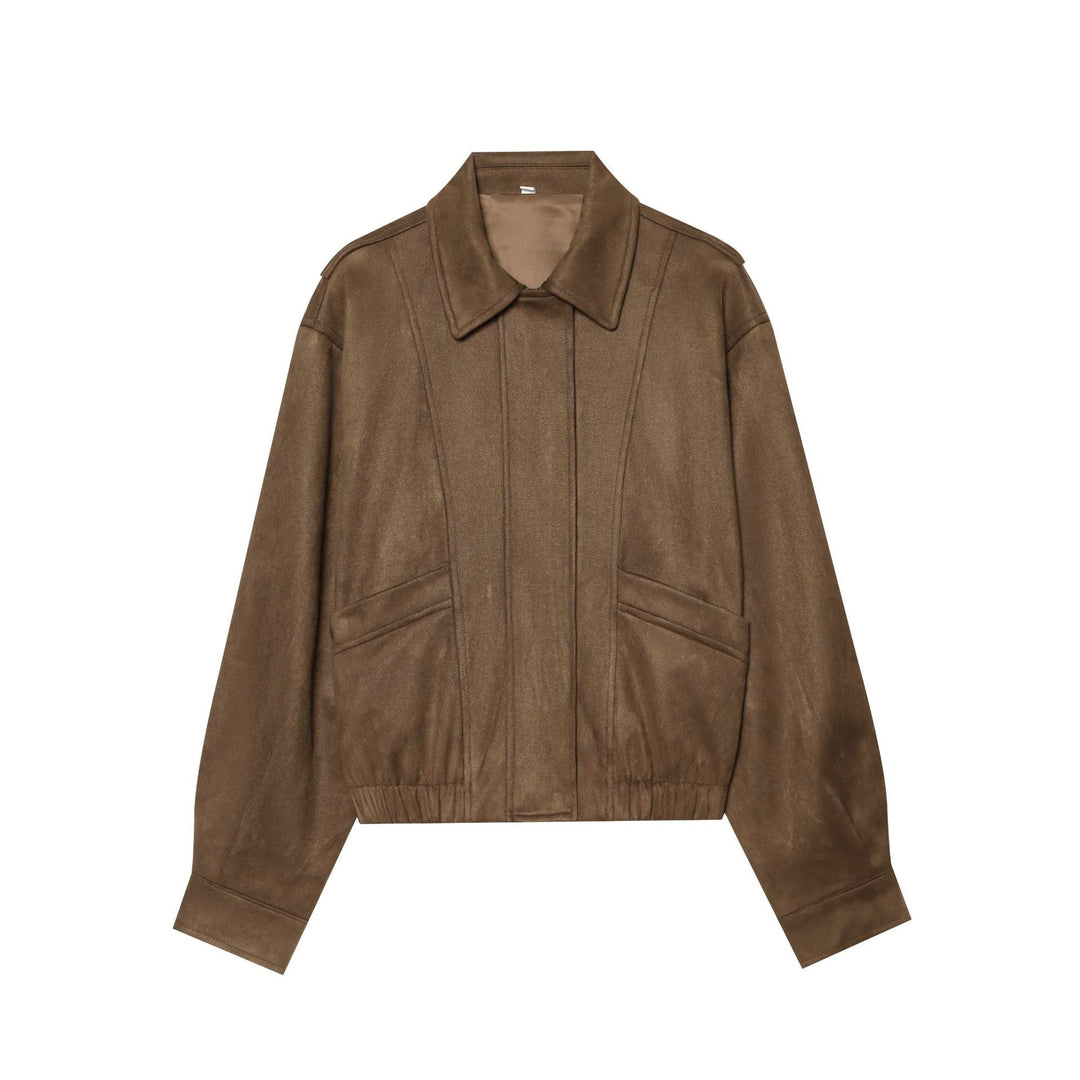 Dam Kort Blouson Jacka i Velour Look med Skjort Krage, Patch Fickor och Waist-Cinching Elastic