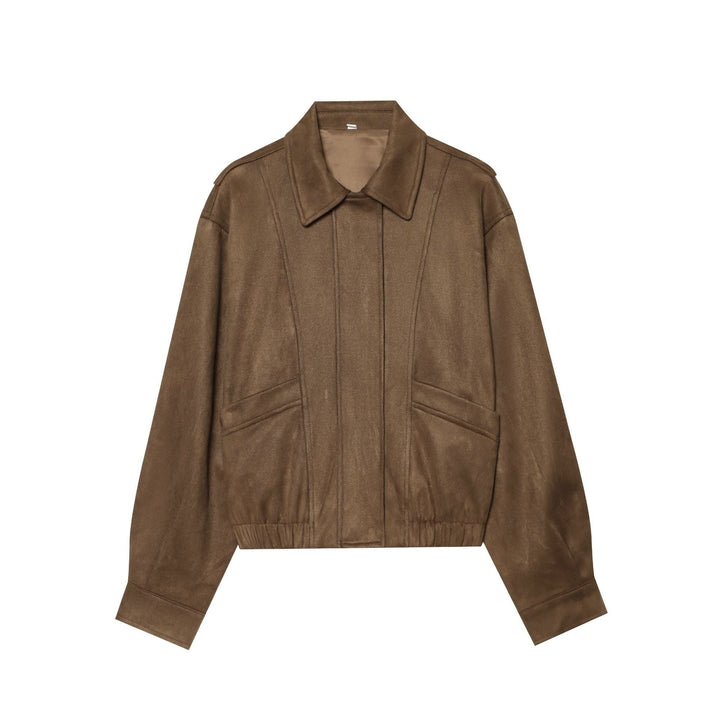Dam Kort Blouson Jacka i Velour Look med Skjort Krage, Patch Fickor och Waist-Cinching Elastic