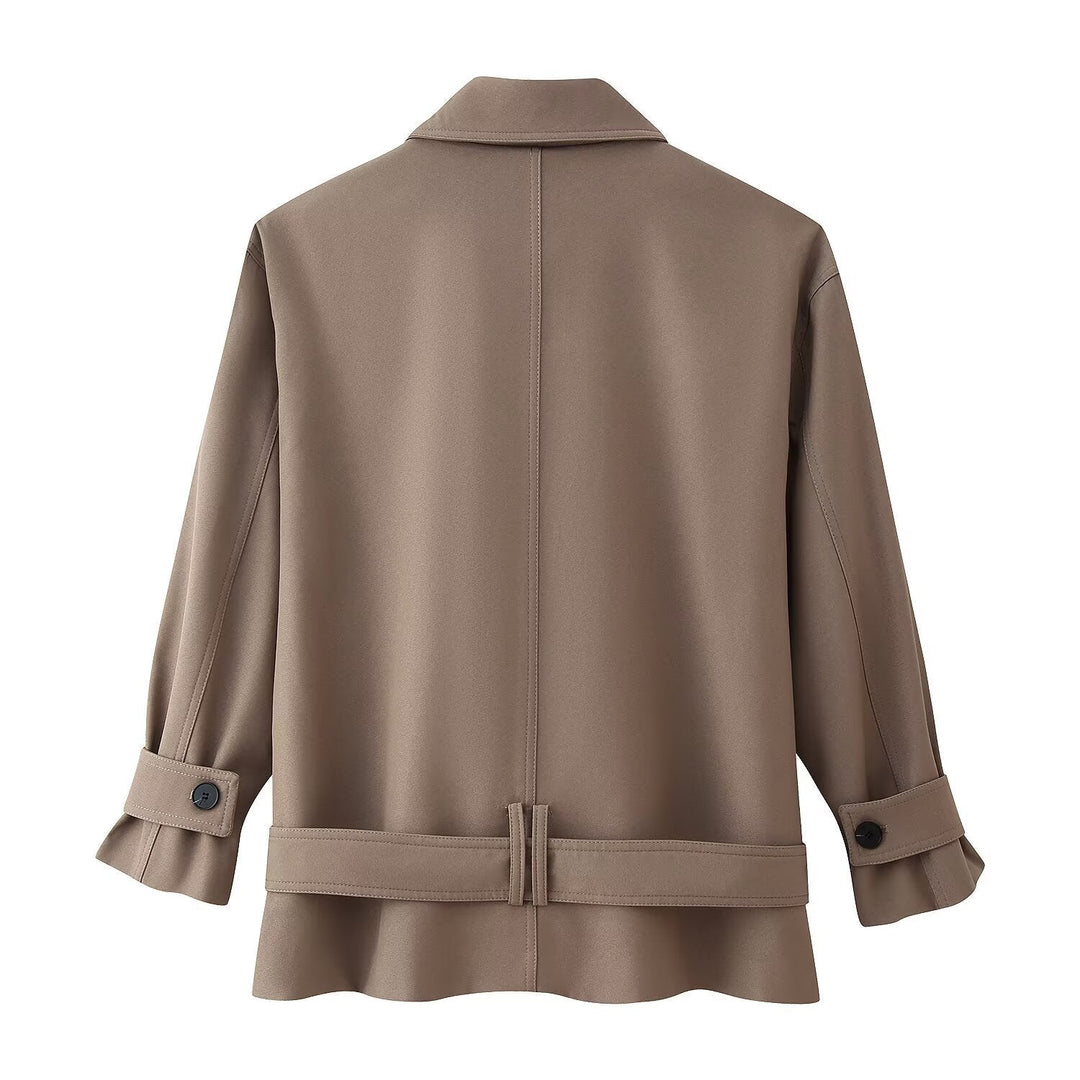 Dam Kort Double-Breasted Trenchcoat med Stå Krage och Waist Belt