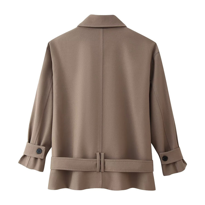 Dam Kort Double-Breasted Trenchcoat med Stå Krage och Waist Belt