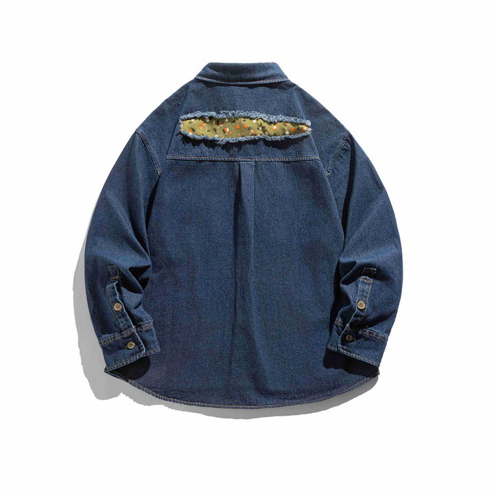 Herr oversize Denim skjortjacka med Slitna Effects och Kamouflage Patchar