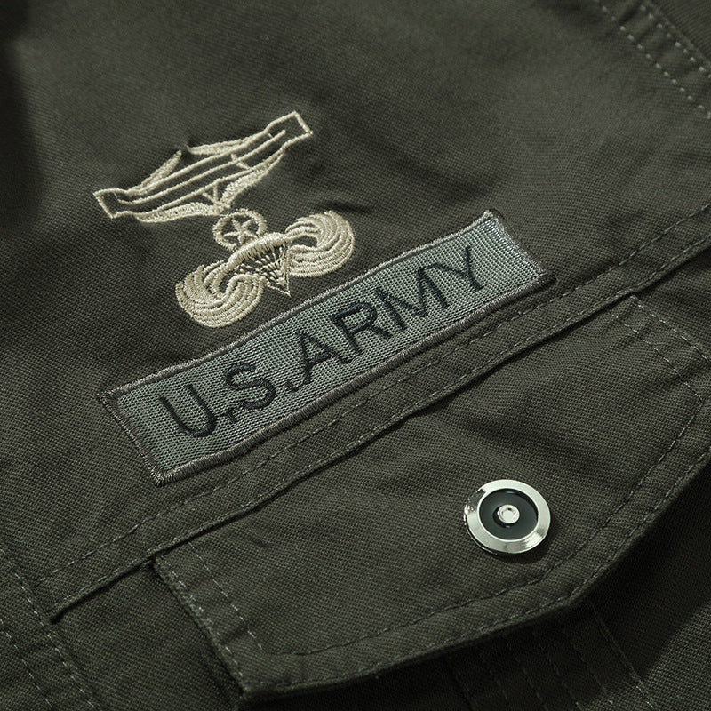 Herr Canvas Fältjacka i Militär Utility Stil med Axel Epaulettes och Ribbad Fåll