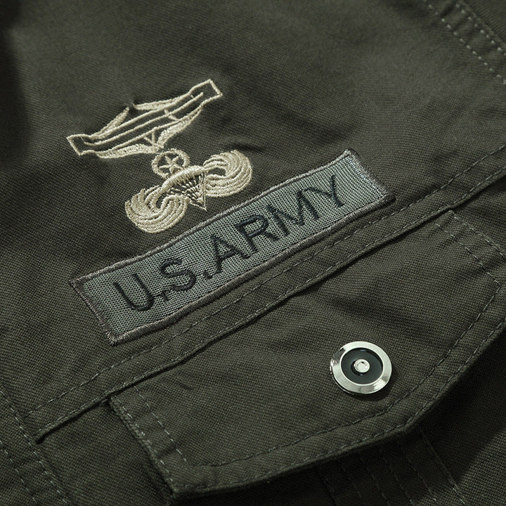 Herr Canvas Fältjacka i Militär Utility Stil med Axel Epaulettes och Ribbad Fåll