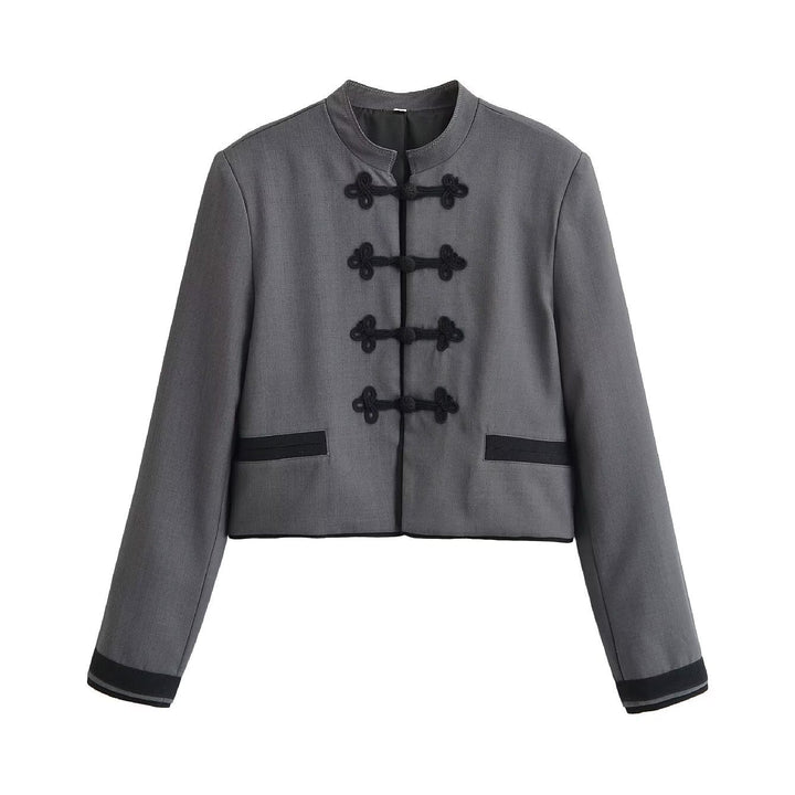 Dam Kort Jacka med Mandarin Krage och Dekorativ Knot Closures