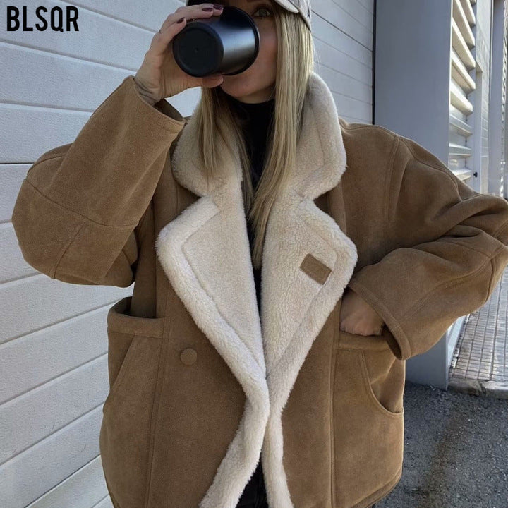 Dam Kort Aviatorjacka Tillverkad av Suede Imitation med Teddy Foder och Stora Lapels