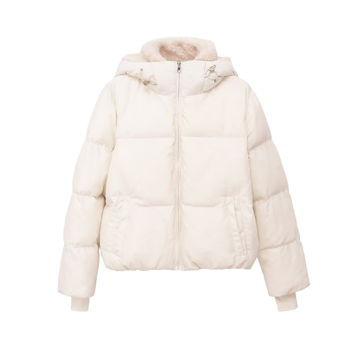 Dam Kort Down-Look Parka med Teddy-Lined Huva och Ribbed Muddar